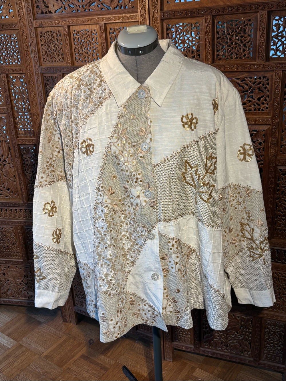 Indigo Moon Embroidered Cream & Gold Patchwork Blazer